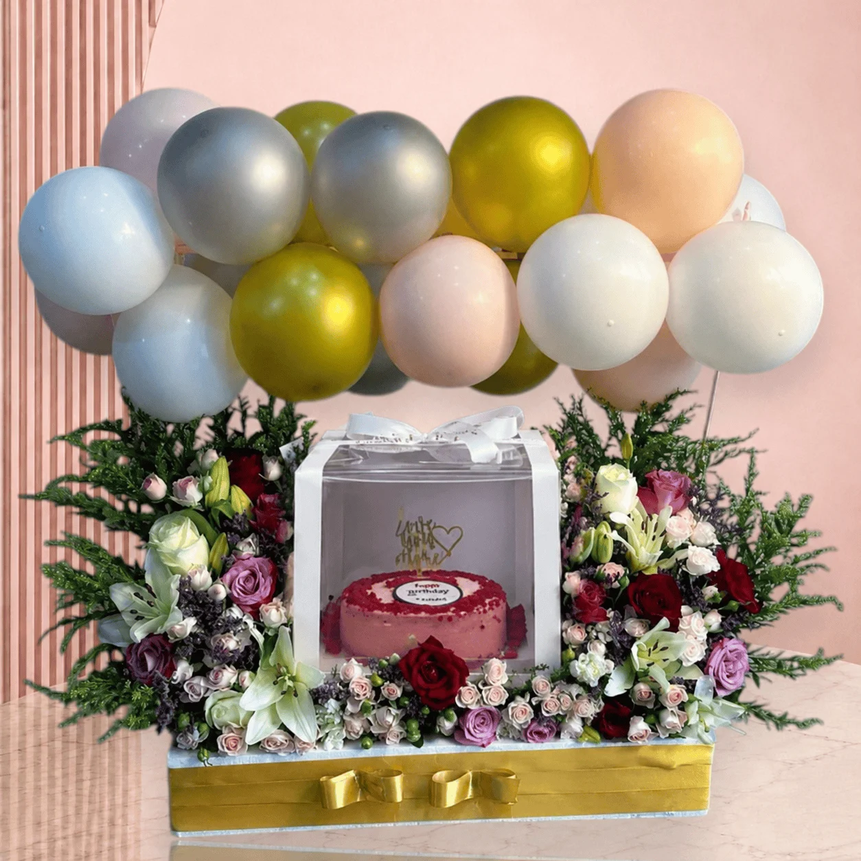 Luxury Floral Balloon Cake Hamper