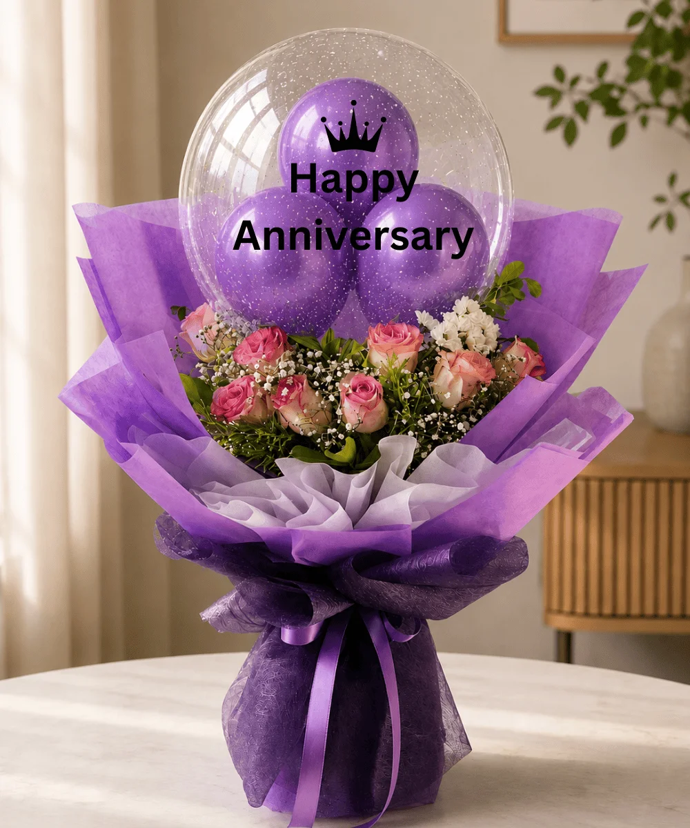 Premium Happy Anniversary Pink Rose Bouquet with Bubble Balloon
