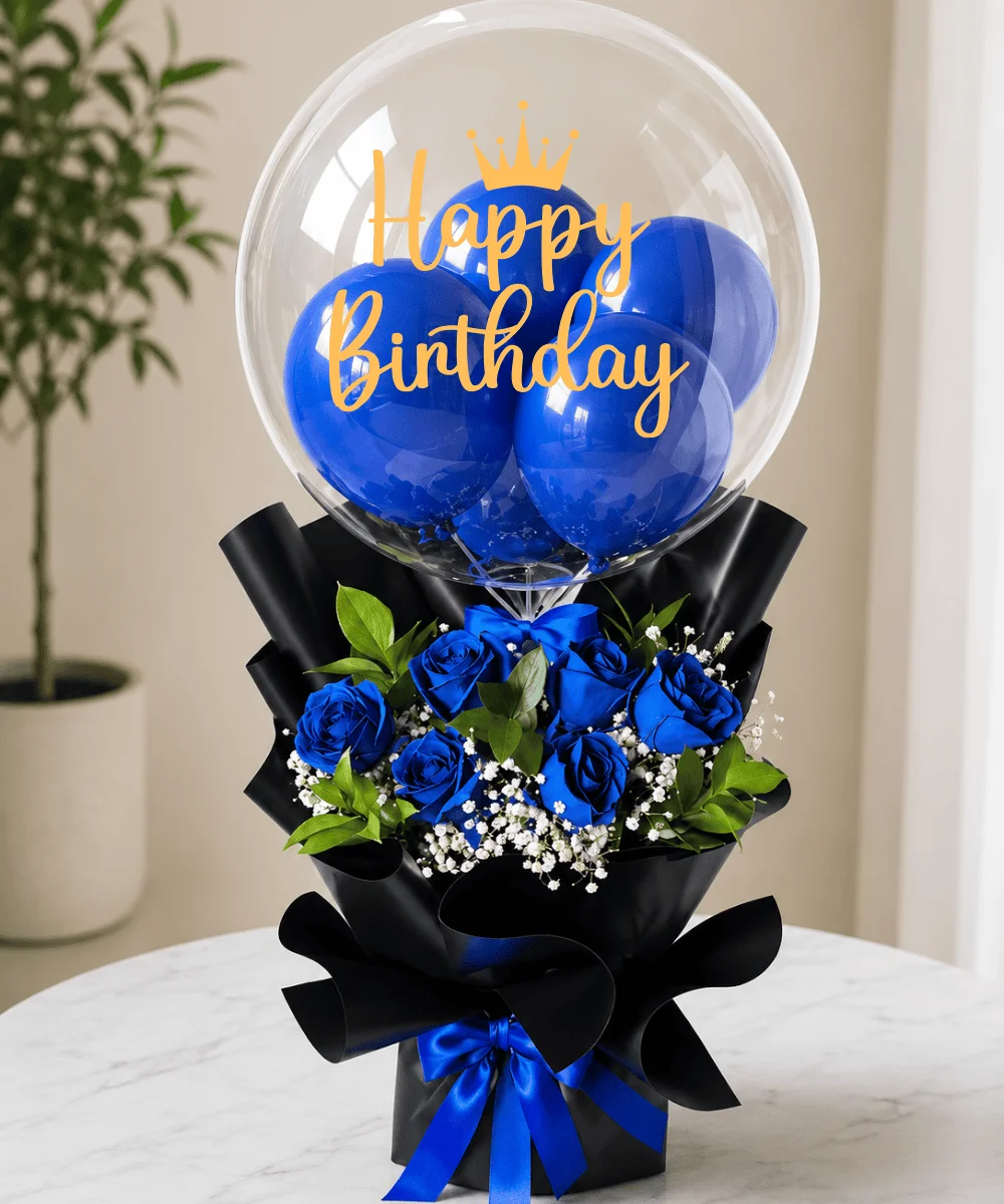 Royal Blue Rose Birthday Balloon Bouquet with Bubble Balloon