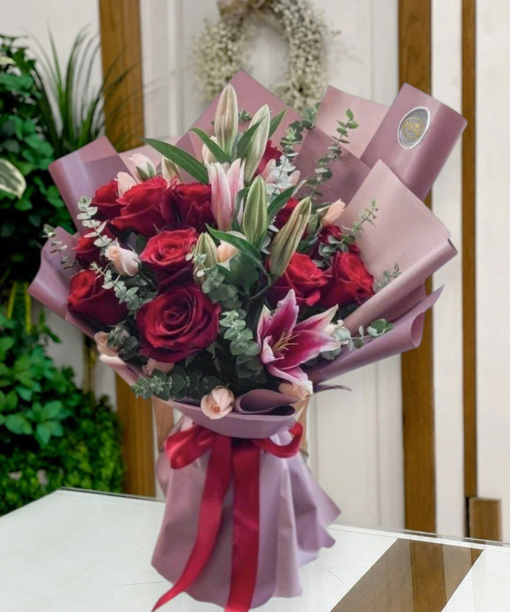 Beautiful Red Rose & Lily Bouquet