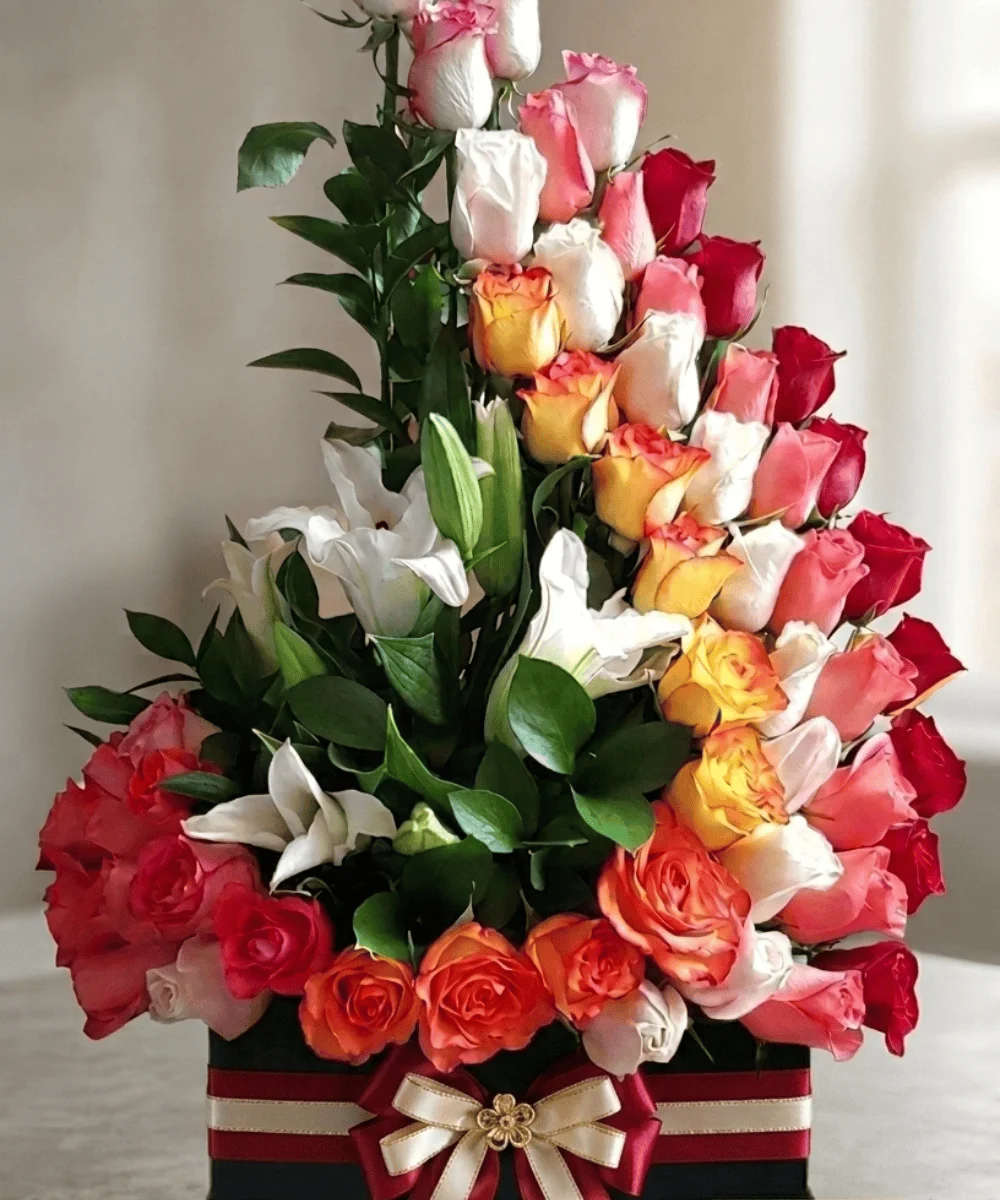 Luxury Multicolor Rose & White Lily Floral Arrangement