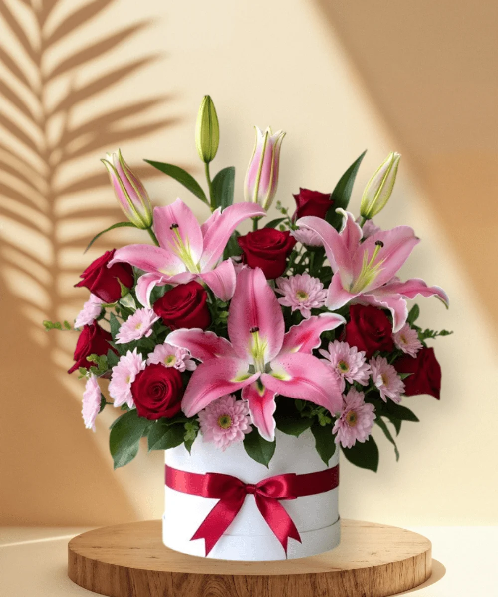 Luxury Pink Lily & Red Rose Flower Box Arrangement