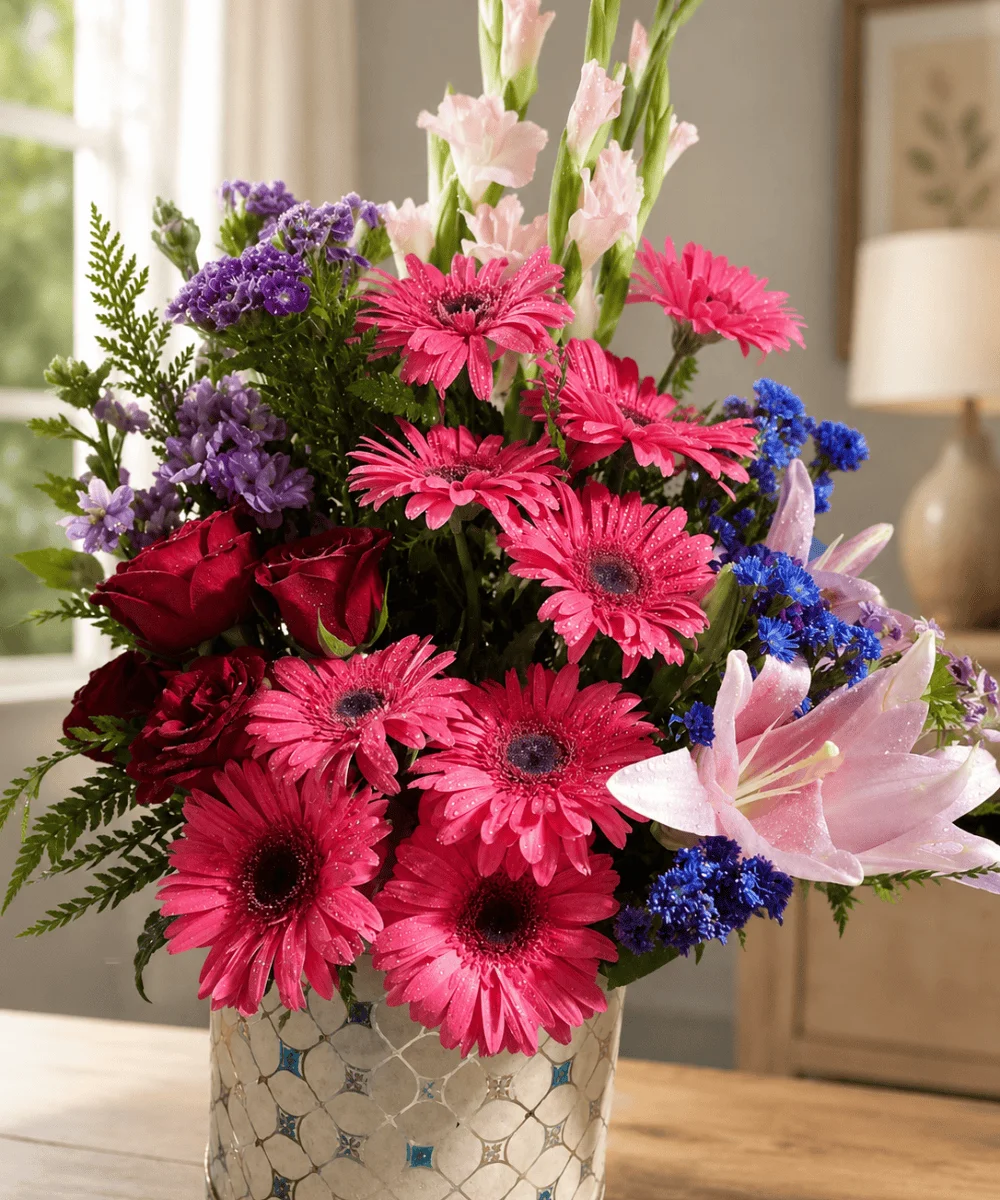 Luxury Pink Gerbera, Lily & Red Rose Vase Arrangement