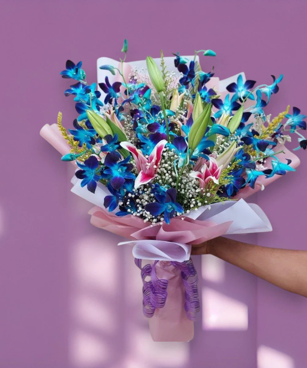 Premium Blue Orchid & Pink Lily Bouquet