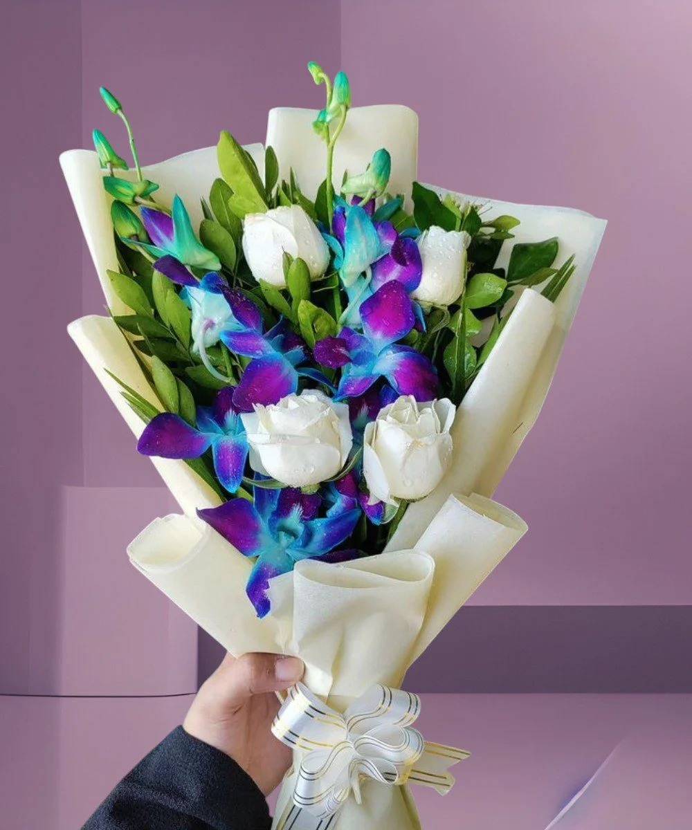 Premium Blue Orchid & White Rose Bouquet